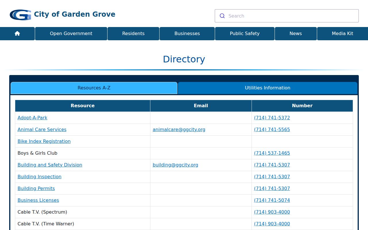 Garden Grove city directory official city department and service directory