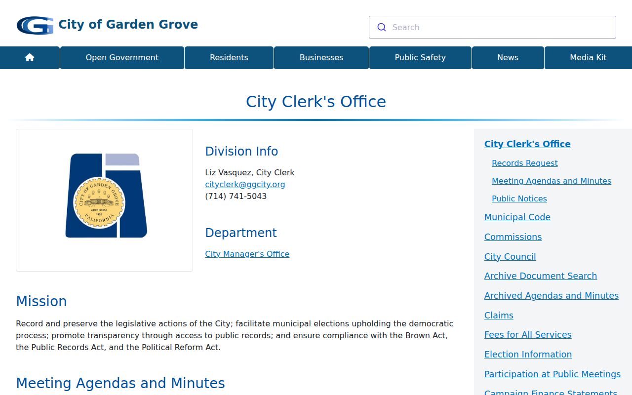 Garden Grove residents directory City Clerk records page