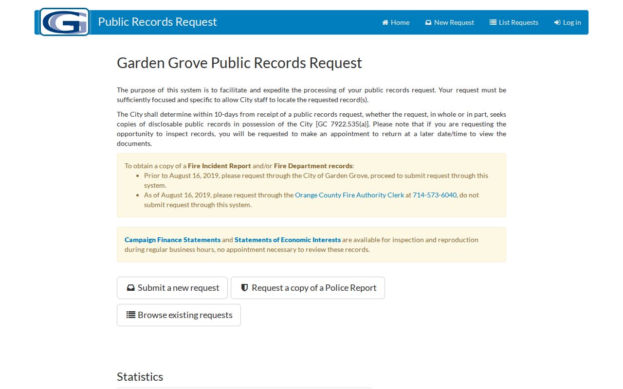 Garden Grove residents directory public-records request portal