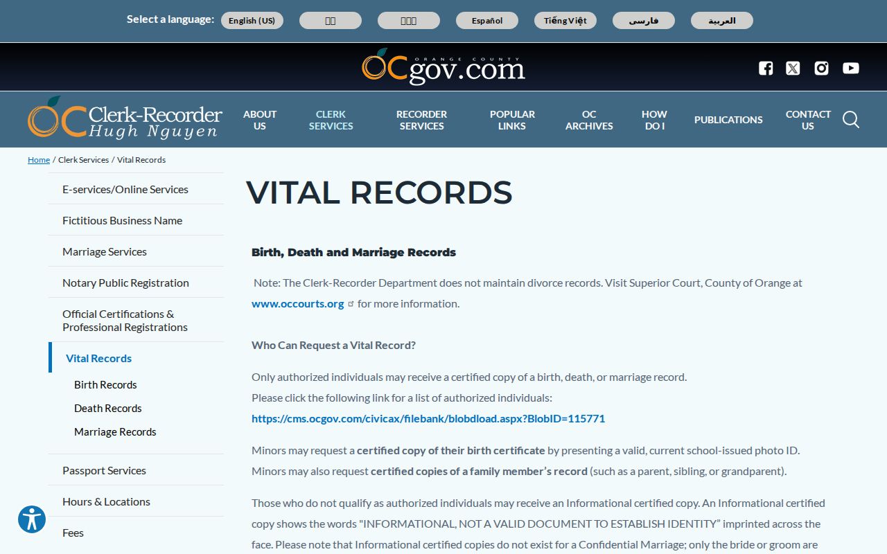 Garden Grove residents directory Orange County vital records access