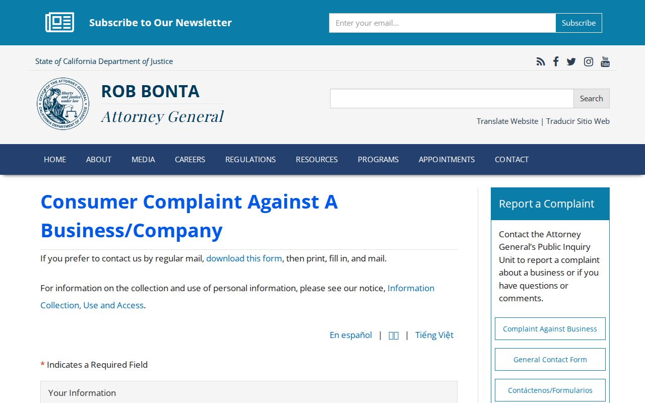 Garden Grove neighbors California Attorney General consumer complaint form