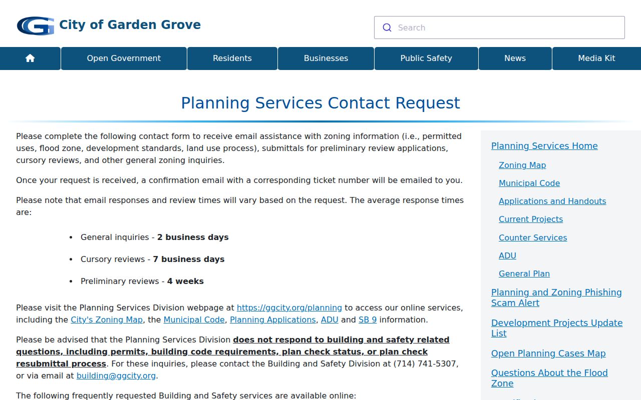 Garden Grove street directory planning address request form