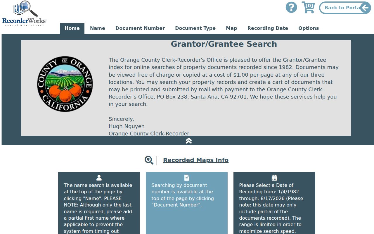 Garden Grove street directory Orange County grantor grantee index