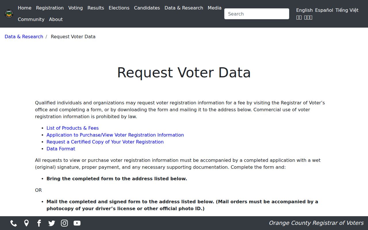 Garden Grove ZIP code directory voter data request rules